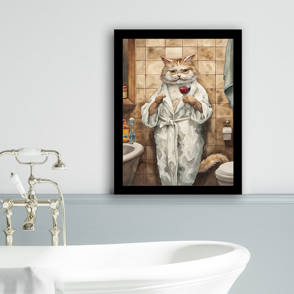 Cool Cat The Cup Of Red Wine Bathroom Decor Animal Art Framed Art Print Wall Decor, Bathroom Framed Art Decor
