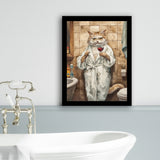 Cool Cat The Cup Of Red Wine Bathroom Decor Animal Art Framed Art Print Wall Decor, Bathroom Framed Art Decor