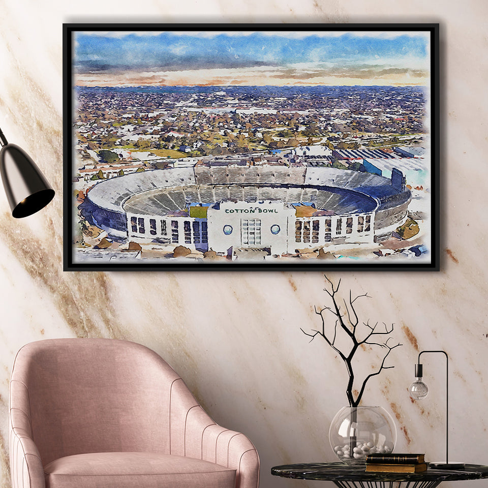 Cotton Bowl Stadium WaterColor Framed Canvas Prints, Dallas Texas Watercolor, Stadium Art Gifts, Floating Frame