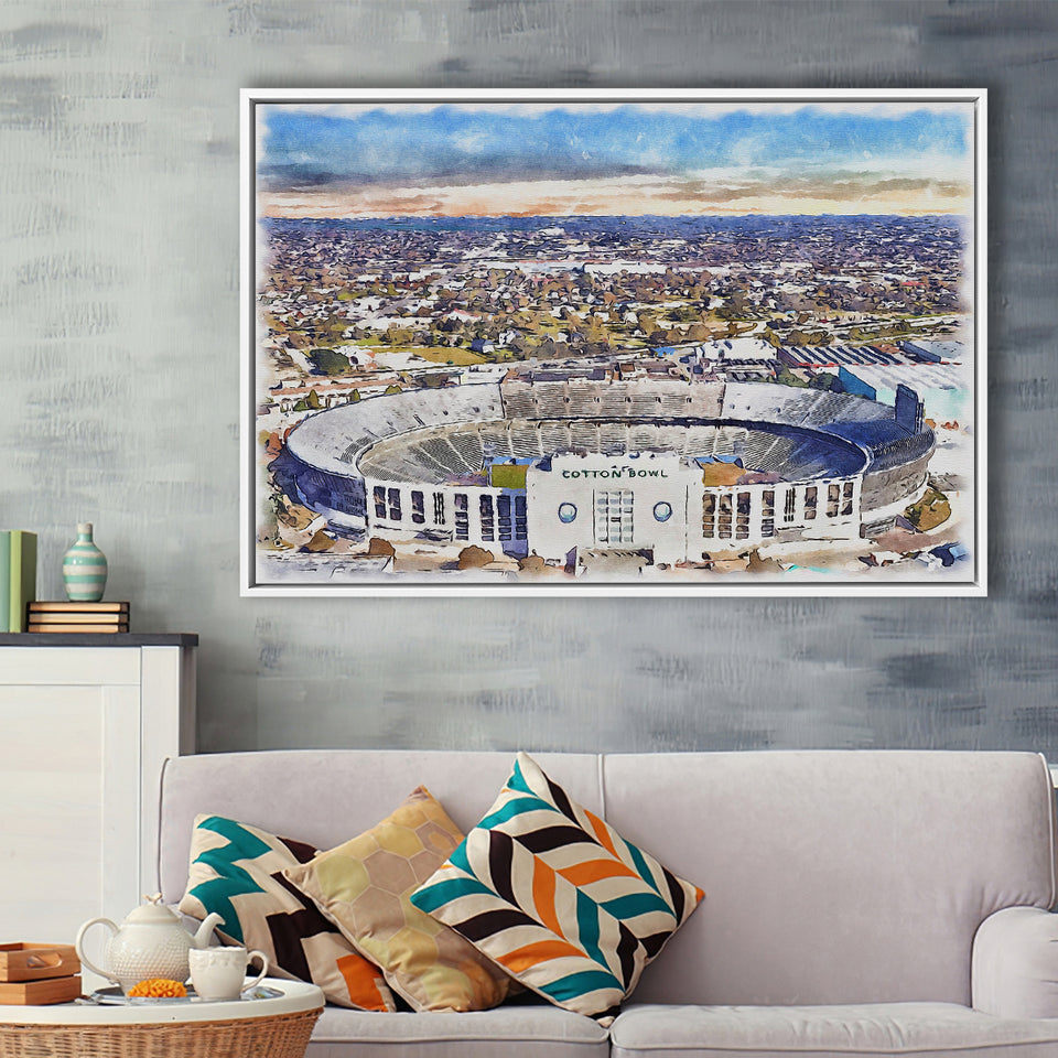 Cotton Bowl Stadium WaterColor Framed Canvas Prints, Dallas Texas Watercolor, Stadium Art Gifts, Floating Frame