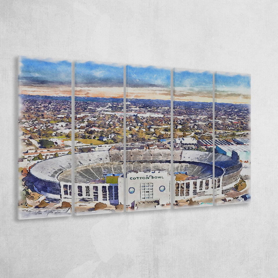 Cotton Bowl Stadium WaterColor 5 Panels B Mixed Canvas Prints, Extra Large, Dallas Texas Watercolor