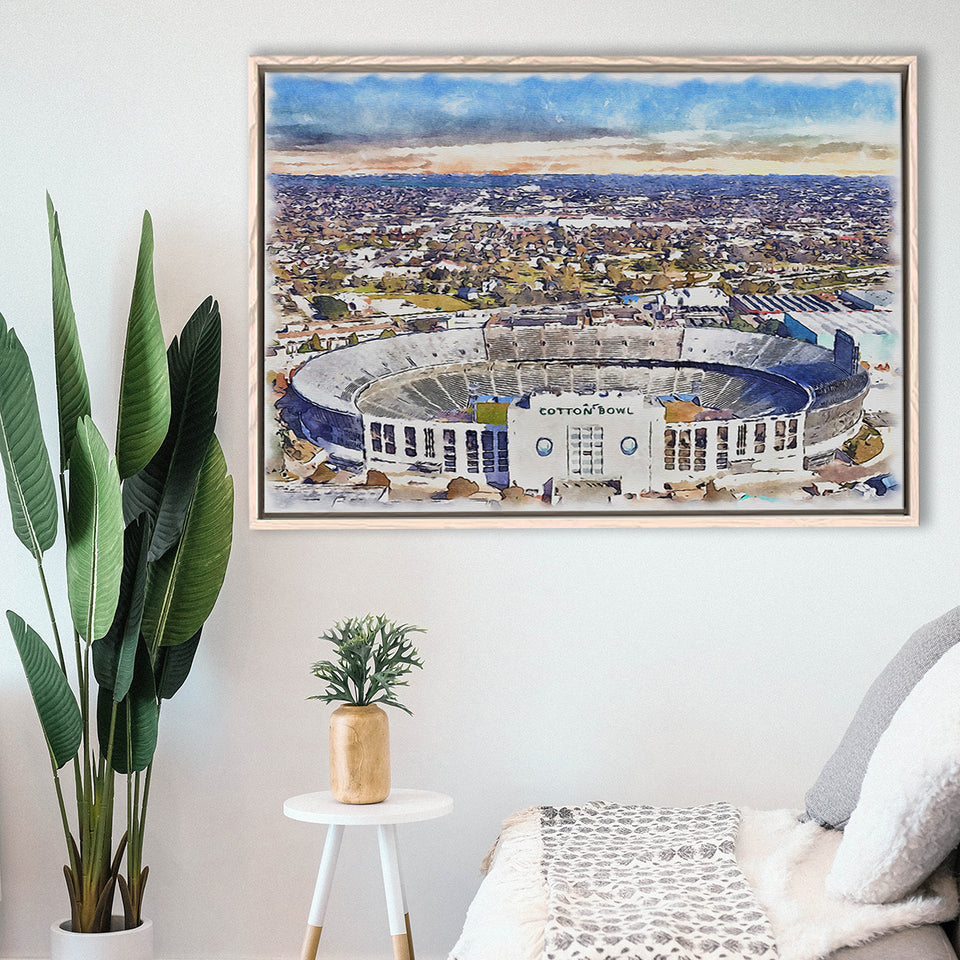 Cotton Bowl Stadium WaterColor Framed Canvas Prints, Dallas Texas Watercolor, Stadium Art Gifts, Floating Frame