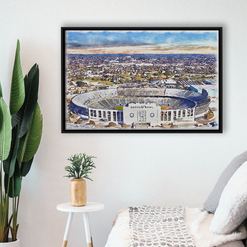 Cotton Bowl Stadium WaterColor Framed Canvas Prints, Dallas Texas Watercolor, Stadium Art Gifts, Floating Frame