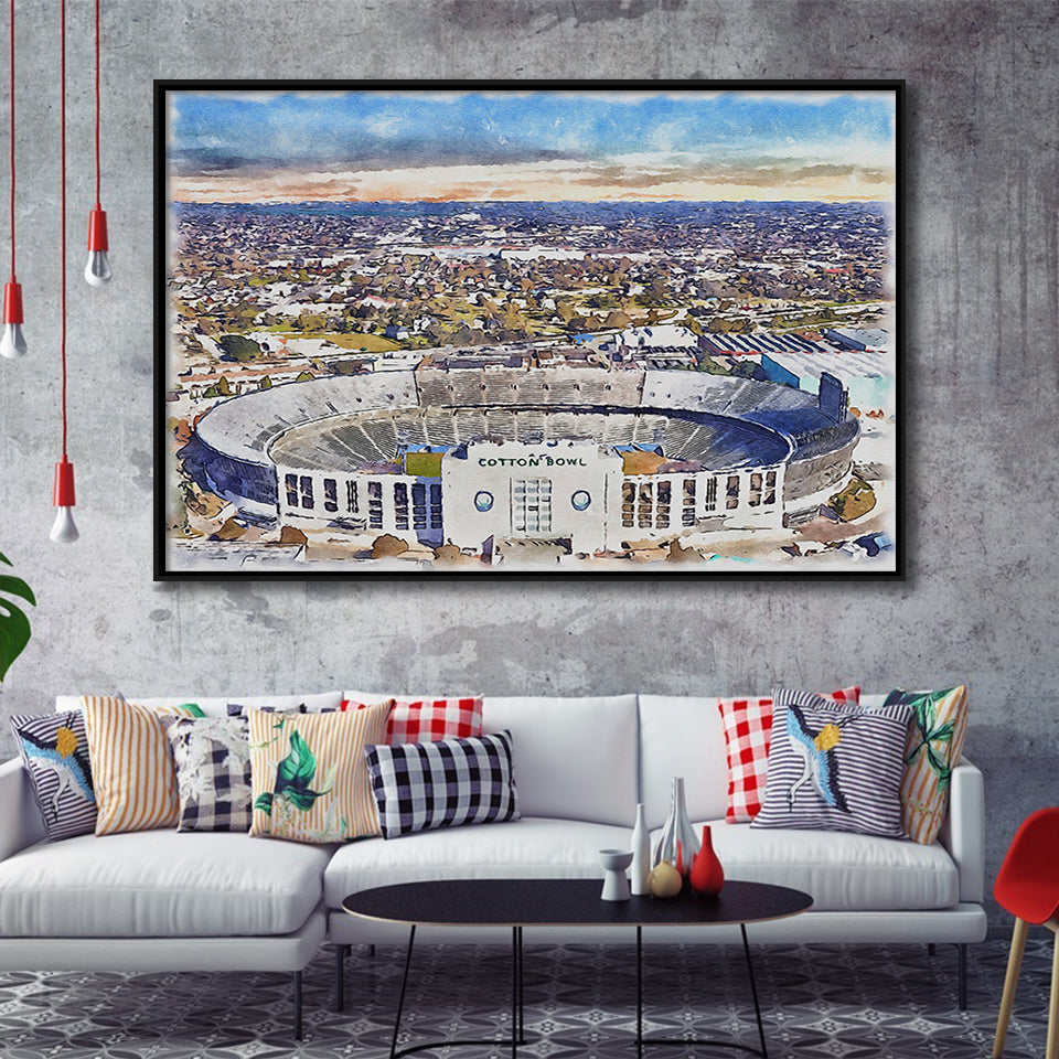 Cotton Bowl Stadium WaterColor Framed Canvas Prints, Dallas Texas Watercolor, Stadium Art Gifts, Floating Frame