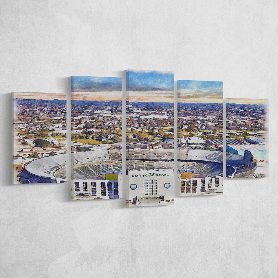 Cotton Bowl Stadium WaterColor 5 Panels Mix Canvas Prints, Dallas Texas Watercolor, Large Stadium Canvas