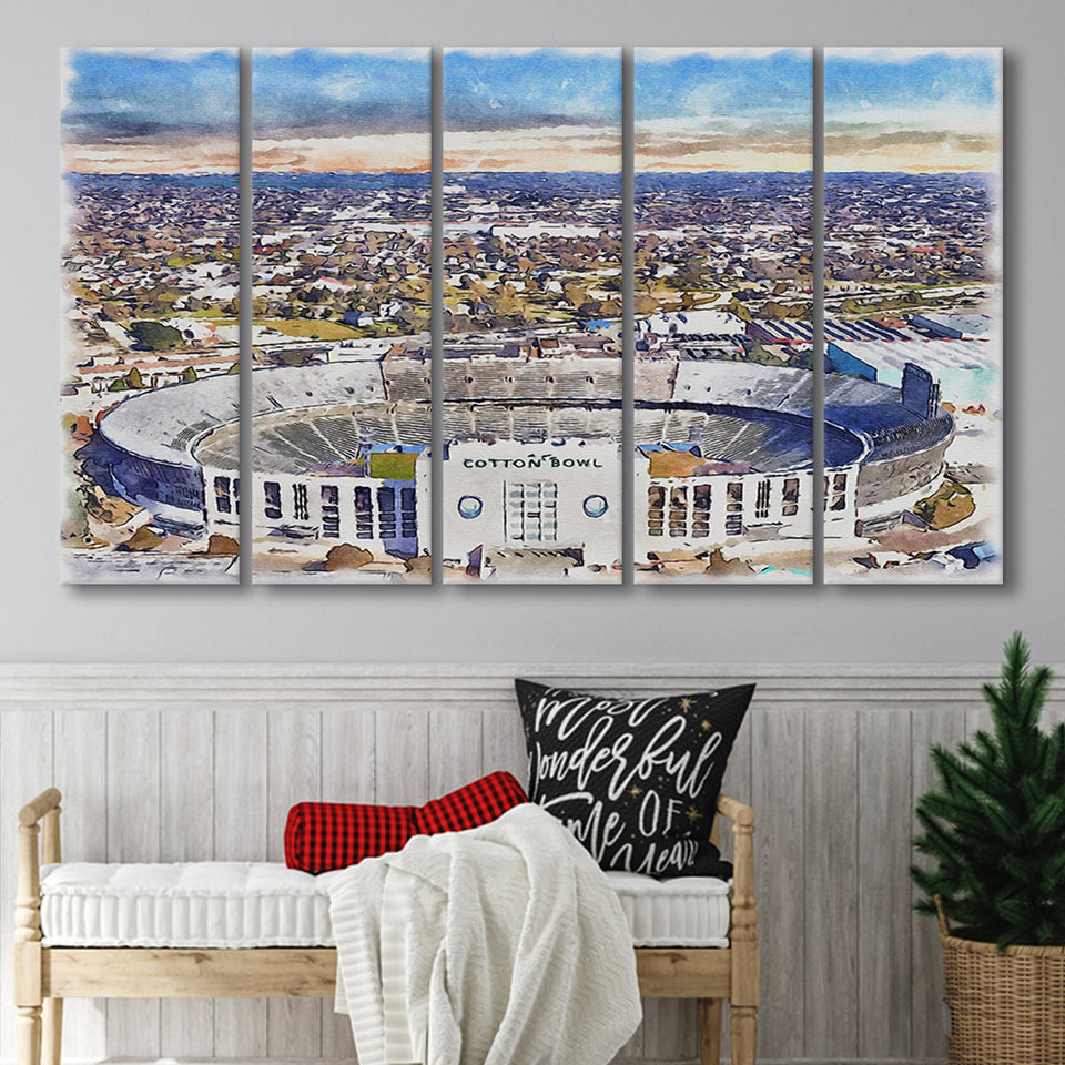 Cotton Bowl Stadium WaterColor 5 Panels B Mixed Canvas Prints, Extra Large, Dallas Texas Watercolor