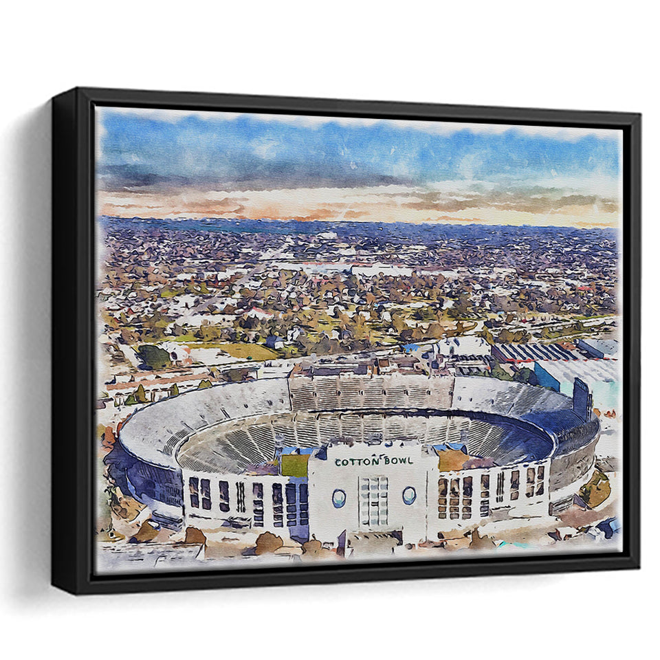 Cotton Bowl Stadium WaterColor Framed Canvas Prints, Dallas Texas Watercolor, Stadium Art Gifts, Floating Frame
