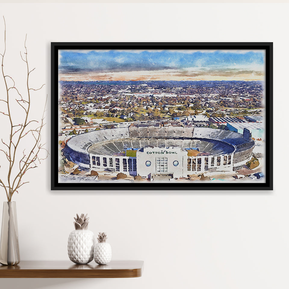 Cotton Bowl Stadium WaterColor Framed Canvas Prints, Dallas Texas Watercolor, Stadium Art Gifts, Floating Frame