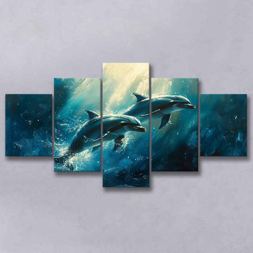 Couple Dolphin In The Sea Ocean Acrylic Painting, Multi Panel,Mixed Canvas Print Wall Art Decor