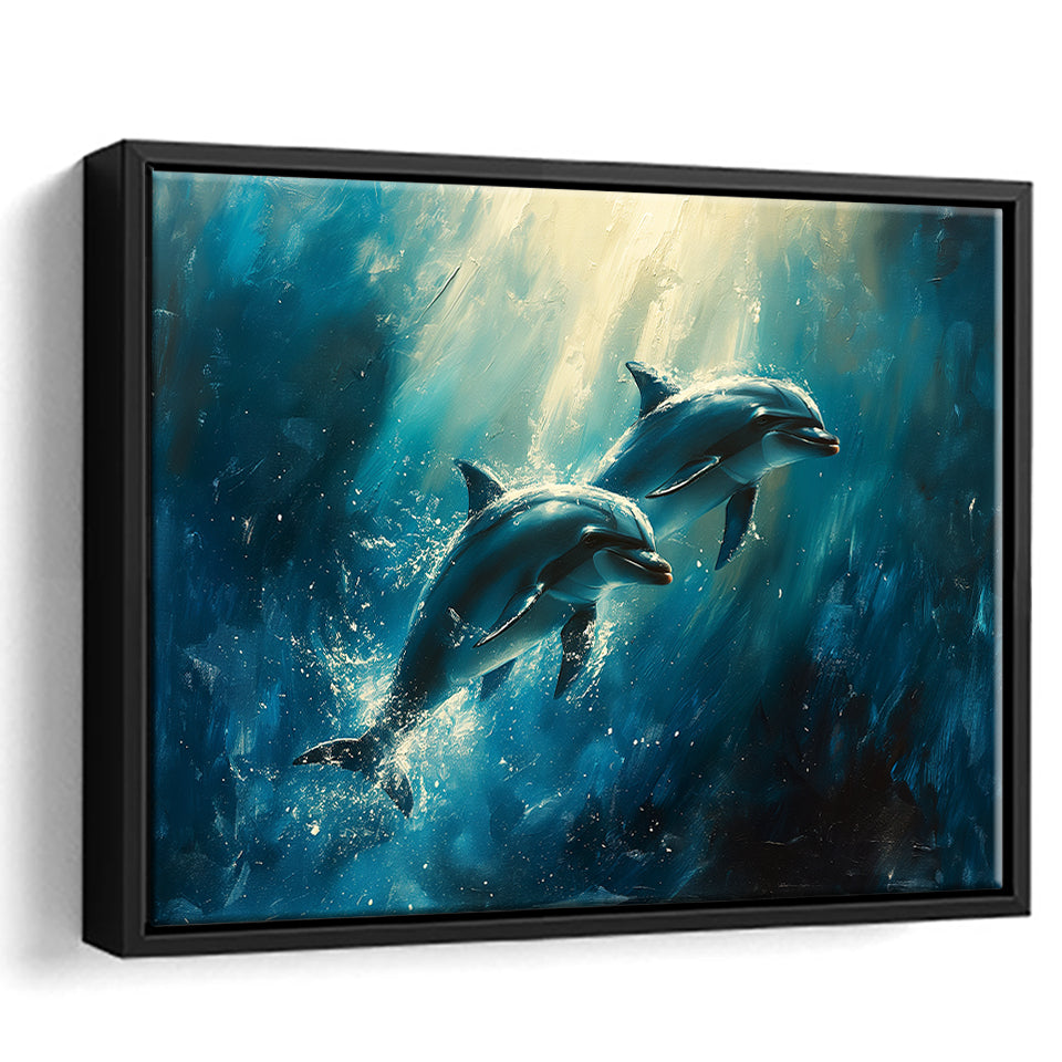 Couple Dolphin In The Sea Ocean Acrylic Painting, Floating Frame, Framed Canvas Print Wall Art Home Decor