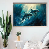 Couple Dolphin In The Sea Ocean Acrylic Painting, Floating Frame, Framed Canvas Print Wall Art Home Decor