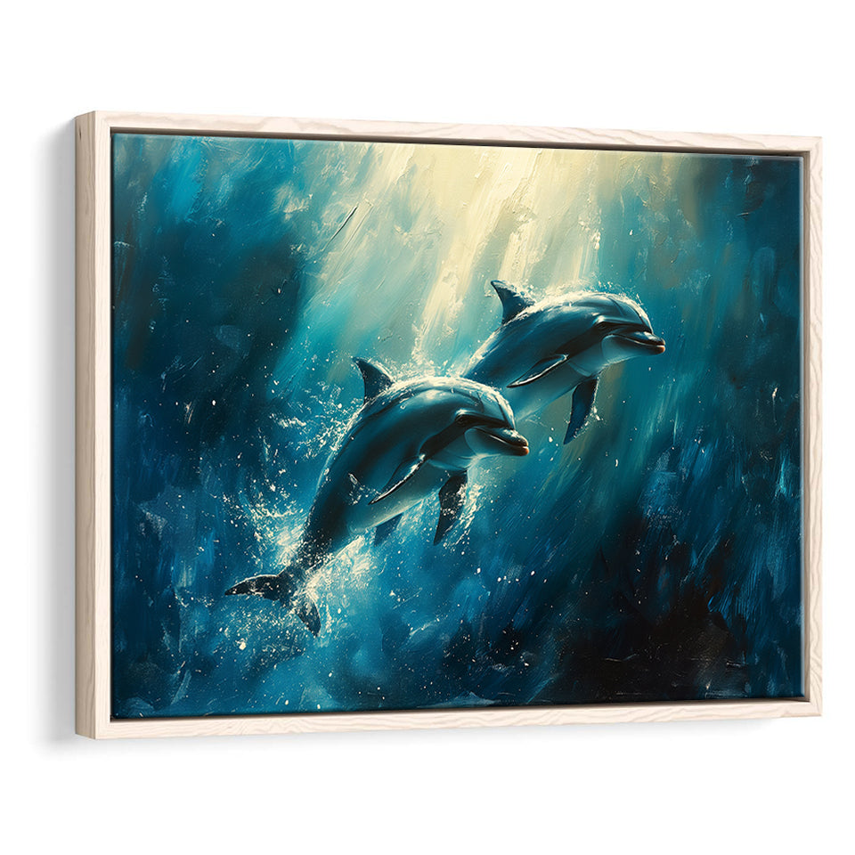 Couple Dolphin In The Sea Ocean Acrylic Painting, Floating Frame, Framed Canvas Print Wall Art Home Decor