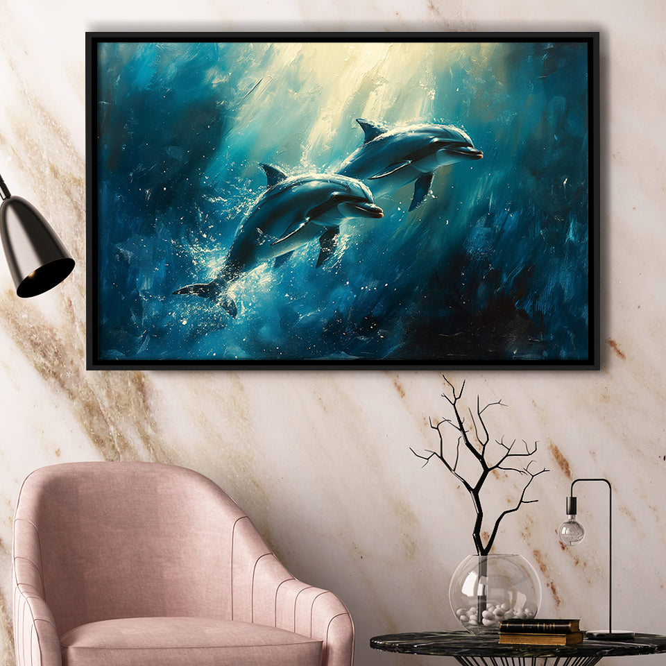 Couple Dolphin In The Sea Ocean Acrylic Painting, Floating Frame, Framed Canvas Print Wall Art Home Decor