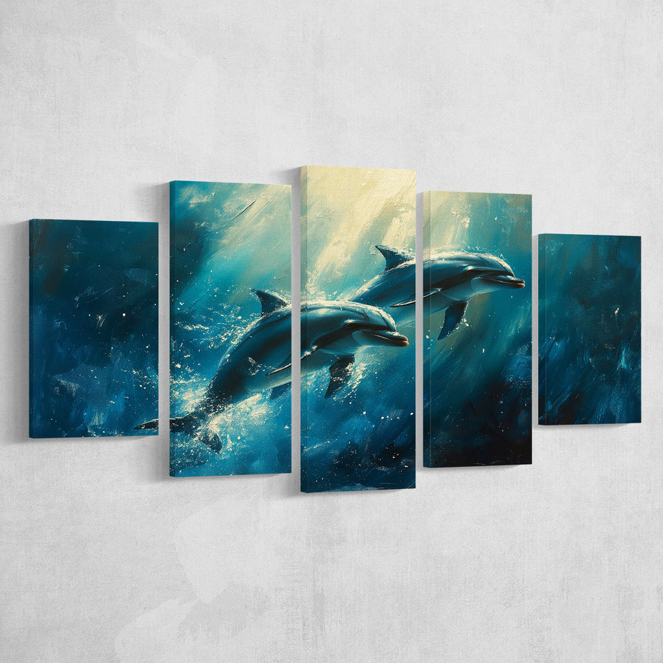 Couple Dolphin In The Sea Ocean Acrylic Painting, Multi Panel,Mixed Canvas Print Wall Art Decor