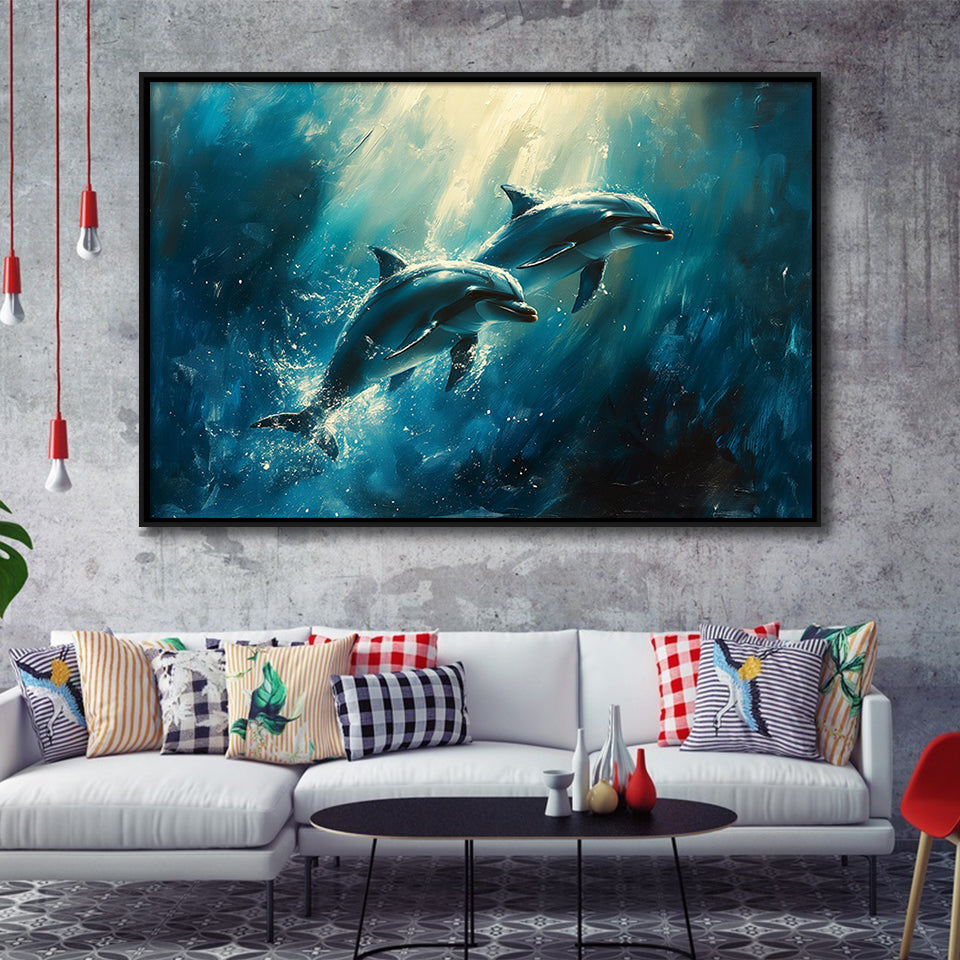 Couple Dolphin In The Sea Ocean Acrylic Painting, Floating Frame, Framed Canvas Print Wall Art Home Decor