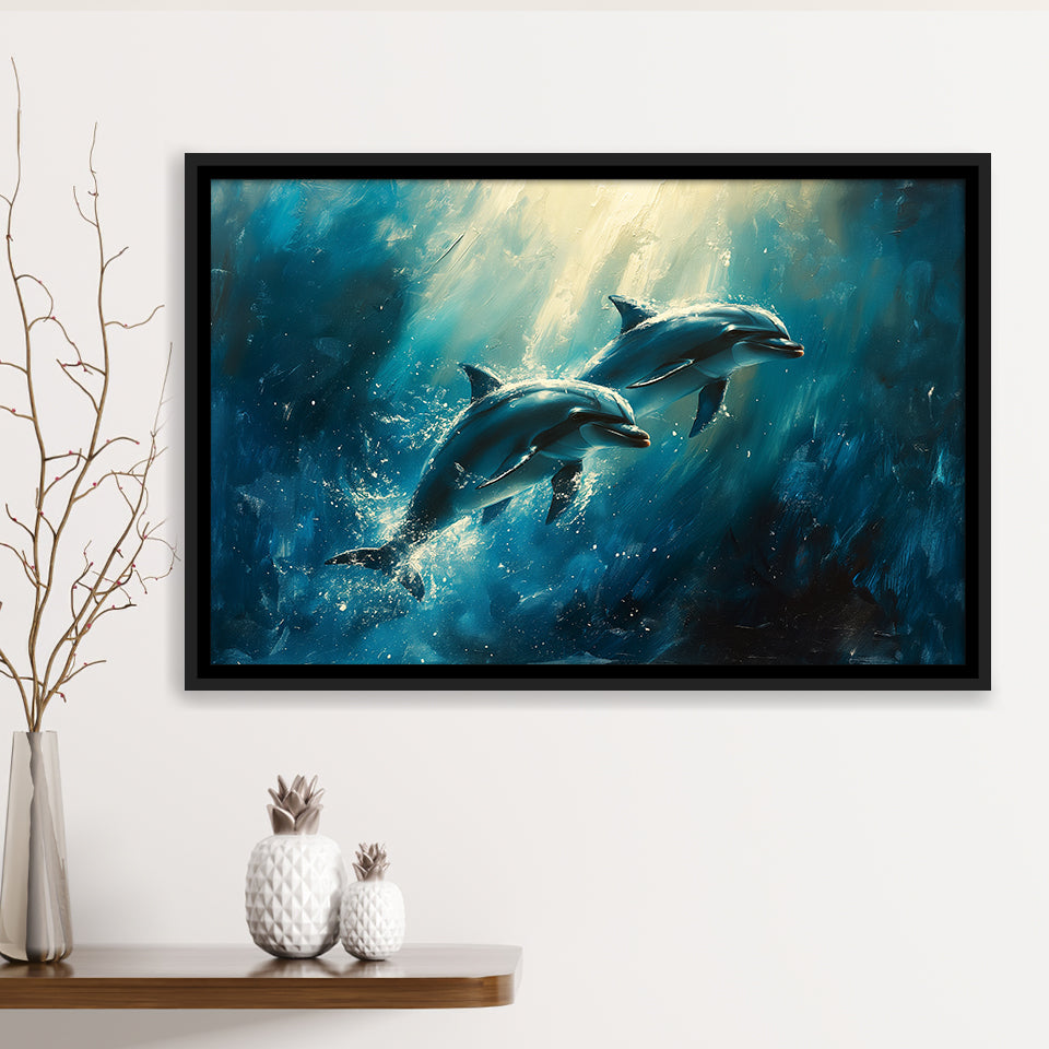 Couple Dolphin In The Sea Ocean Acrylic Painting, Floating Frame, Framed Canvas Print Wall Art Home Decor