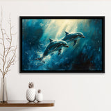 Couple Dolphin In The Sea Ocean Acrylic Painting, Floating Frame, Framed Canvas Print Wall Art Home Decor