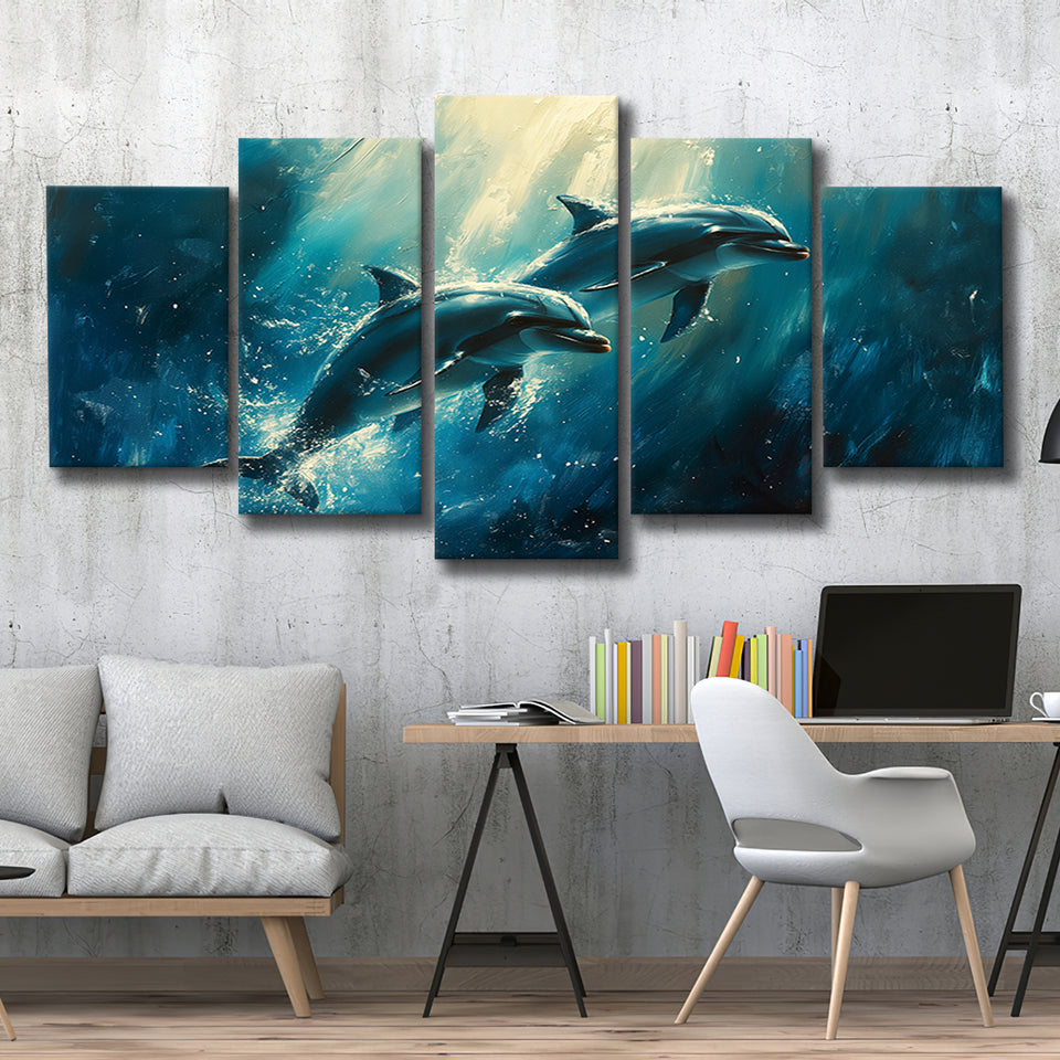 Couple Dolphin In The Sea Ocean Acrylic Painting, Multi Panel,Mixed Canvas Print Wall Art Decor