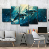 Couple Dolphin In The Sea Ocean Acrylic Painting, Multi Panel,Mixed Canvas Print Wall Art Decor