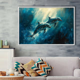 Couple Dolphin In The Sea Ocean Acrylic Painting, Floating Frame, Framed Canvas Print Wall Art Home Decor