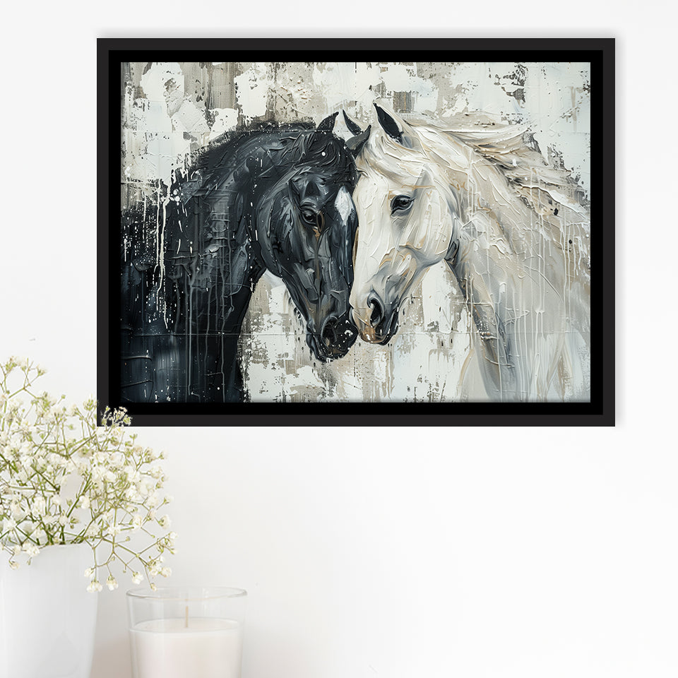 Couple Horse Loved Black Horse And White V3, Framed Canvas Painting, Framed Canvas Prints Wall Art Decor