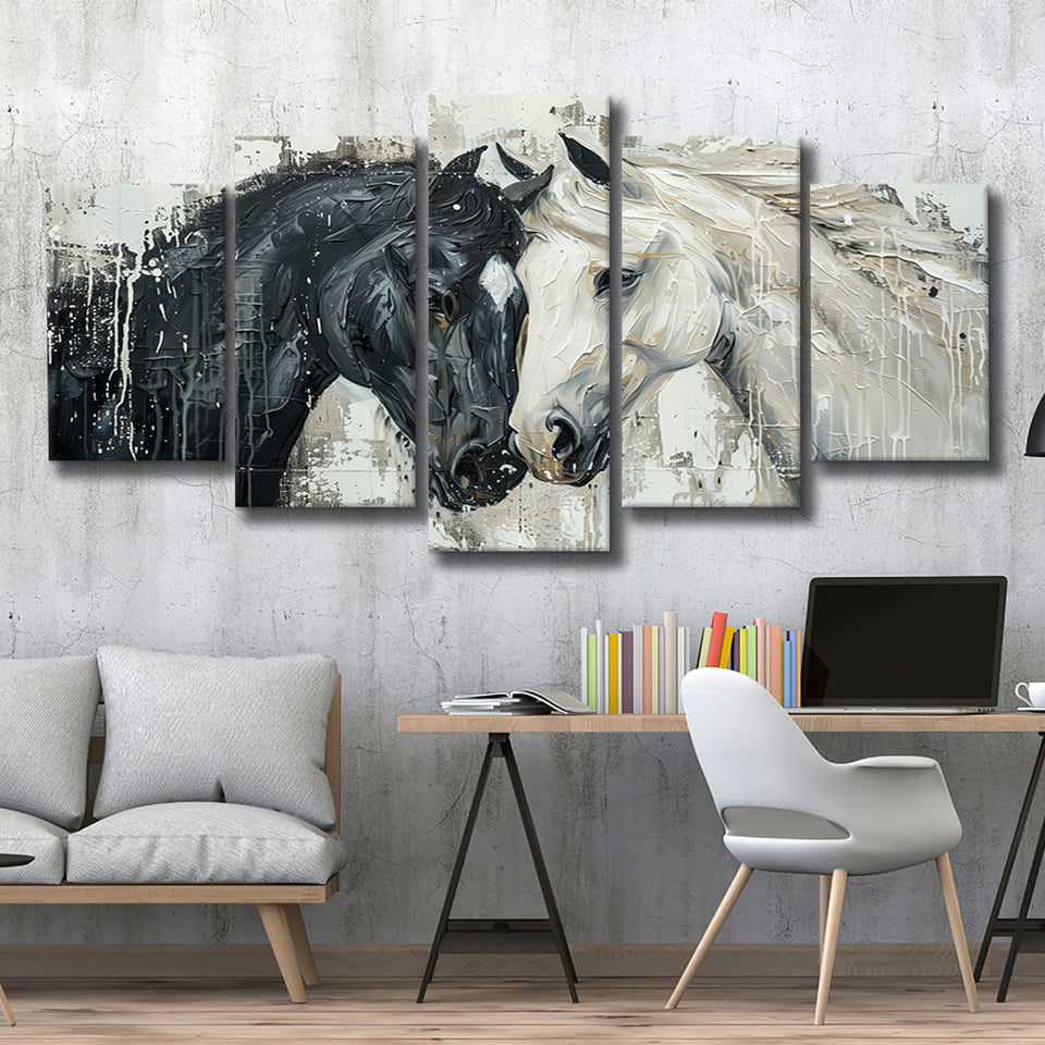 Couple Horse Loved Black Horse And White V3, 5 Panels Mixed Large Canvas, Canvas Prints Wall Art Decor