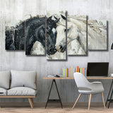 Couple Horse Loved Black Horse And White V3, 5 Panels Mixed Large Canvas, Canvas Prints Wall Art Decor