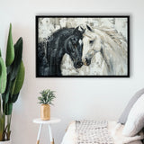 Couple Horse Loved Black Horse And White V3, Framed Canvas Painting, Framed Canvas Prints Wall Art Decor