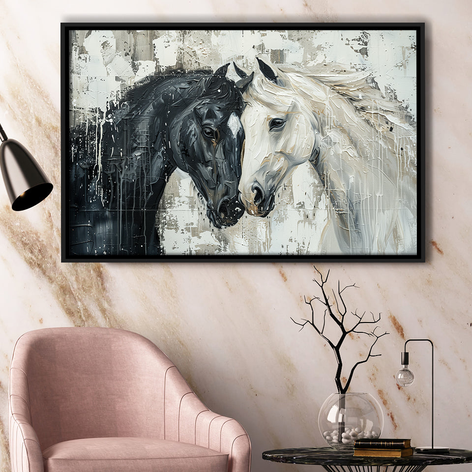 Couple Horse Loved Black Horse And White V3, Framed Canvas Painting, Framed Canvas Prints Wall Art Decor