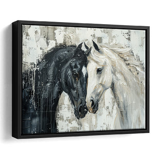 Couple Horse Loved Black Horse And White V3, Framed Canvas Painting, Framed Canvas Prints Wall Art Decor