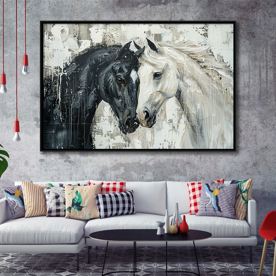 Couple Horse Loved Black Horse And White V3, Framed Canvas Painting, Framed Canvas Prints Wall Art Decor