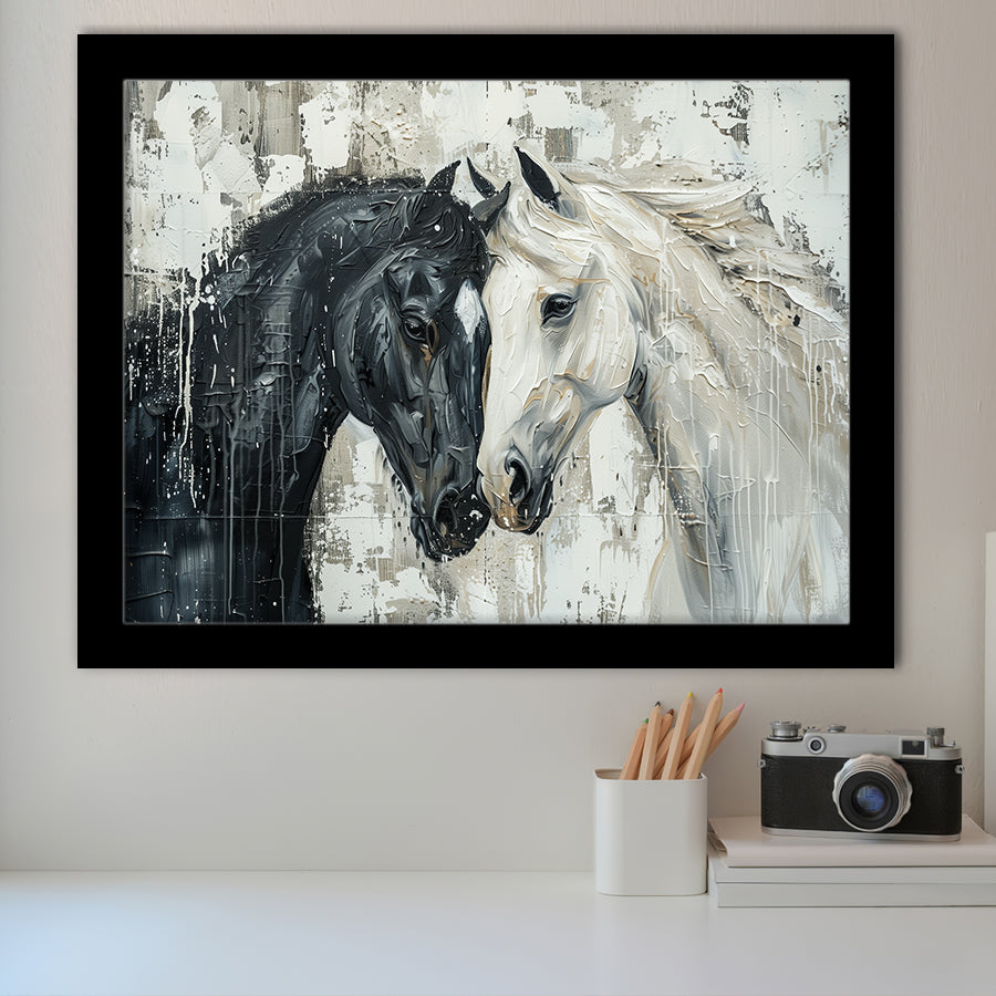 Couple Horse Loved Black Horse And White V3, Framed Art Print Wall Decor, Framed Picture