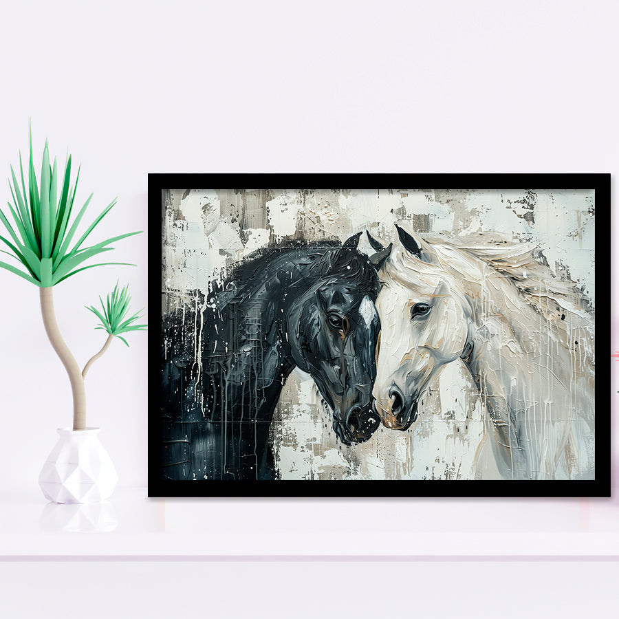 Couple Horse Loved Black Horse And White V3, Framed Art Print Wall Decor, Framed Picture