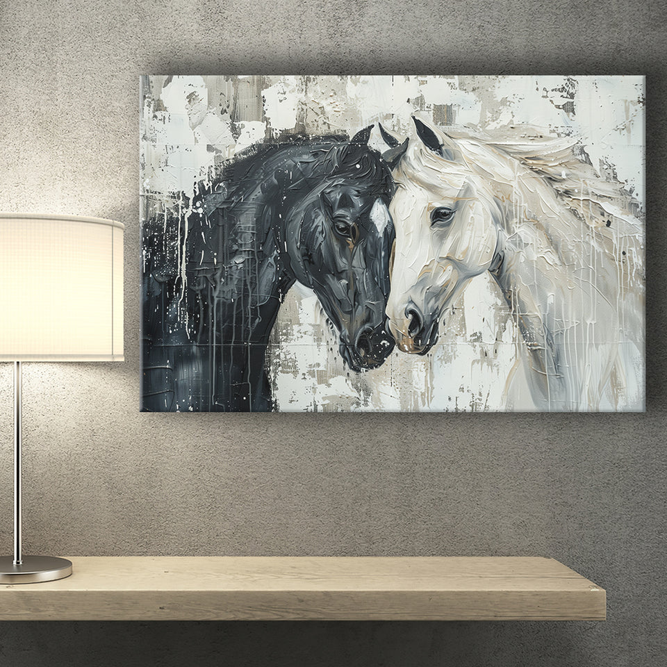Couple Horse Loved Black Horse And White V3, Canvas Painting, Canvas Prints Wall Art Decor