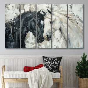 Couple Horse Loved Black Horse And White V3, 5 Panels Extra Large Canvas, Canvas Prints Wall Art Decor