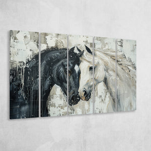 Couple Horse Loved Black Horse And White V3, 5 Panels Extra Large Canvas, Canvas Prints Wall Art Decor