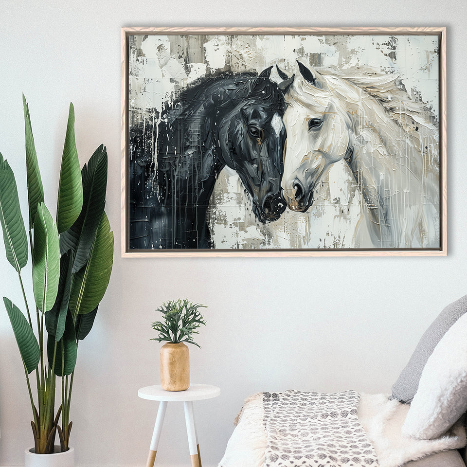 Couple Horse Loved Black Horse And White V3, Framed Canvas Painting, Framed Canvas Prints Wall Art Decor