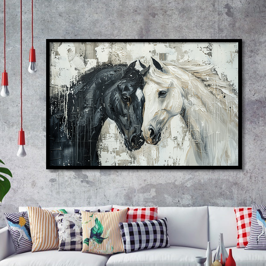 Couple Horse Loved Black Horse And White V3, Framed Art Print Wall Decor, Framed Picture