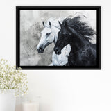 Couple Horse Running Together Black And White, Framed Canvas Painting, Framed Canvas Prints Wall Art Decor