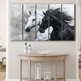 Couple Horse Running Together Black And White, 5 Panels Extra Large Canvas, Canvas Prints Wall Art Decor