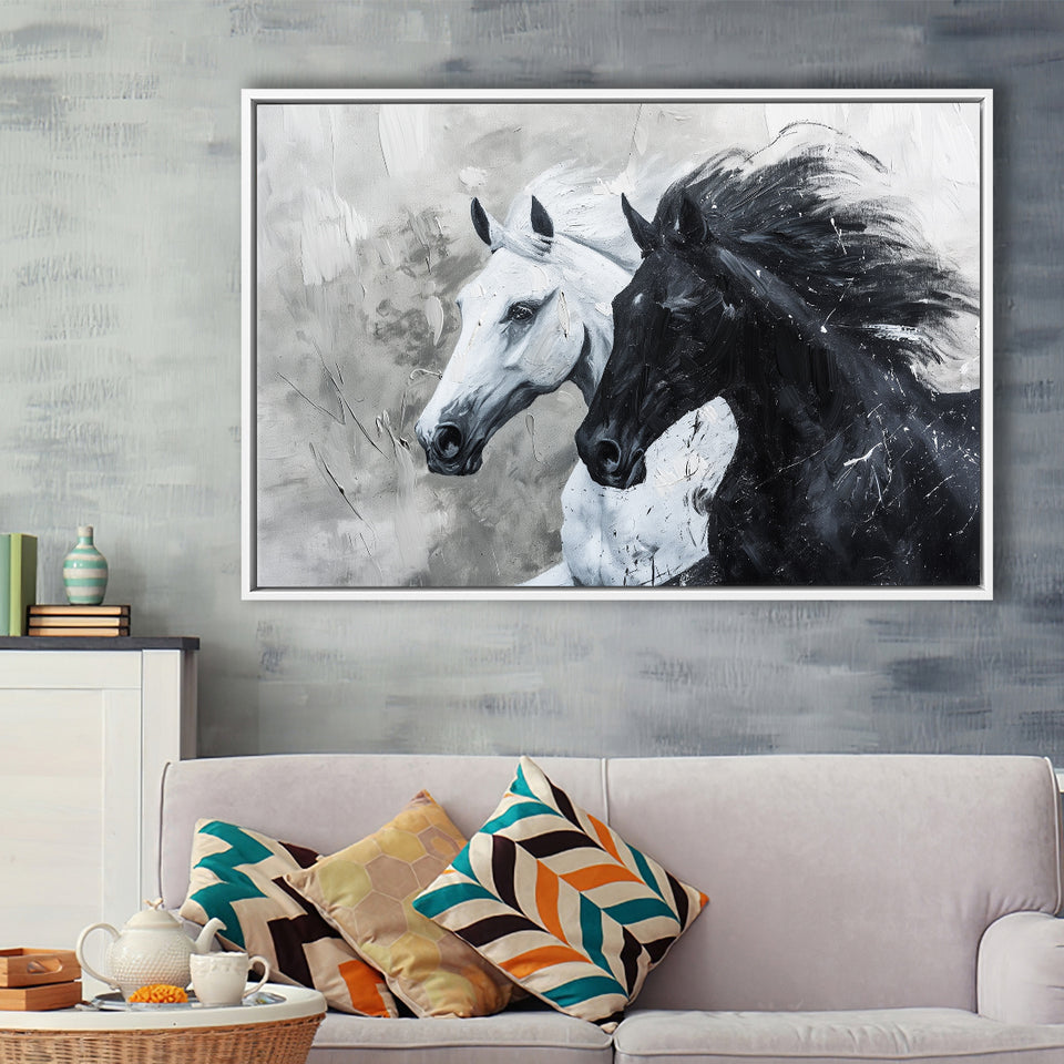 Couple Horse Running Together Black And White, Framed Canvas Painting, Framed Canvas Prints Wall Art Decor