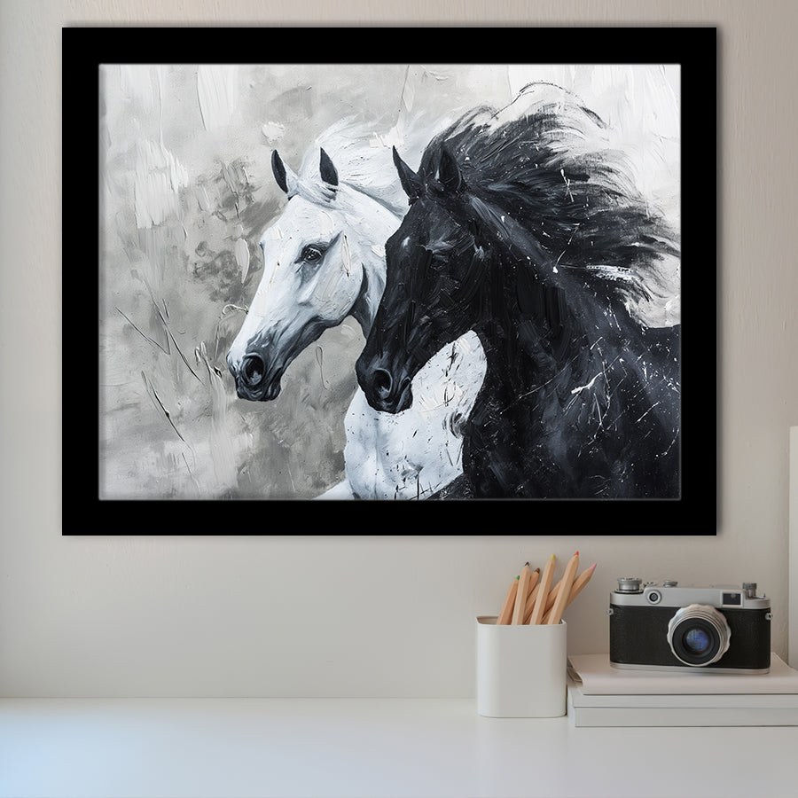 Couple Horse Running Together Black And White, Framed Art Print Wall Decor, Framed Picture