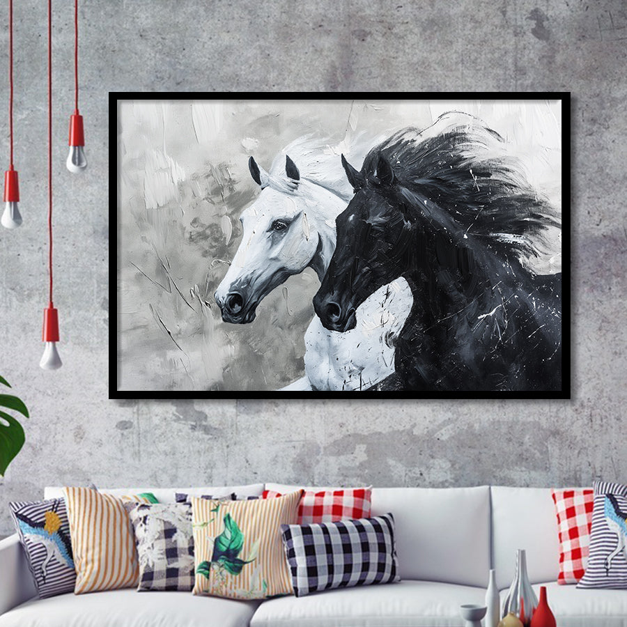 Couple Horse Running Together Black And White, Framed Art Print Wall Decor, Framed Picture