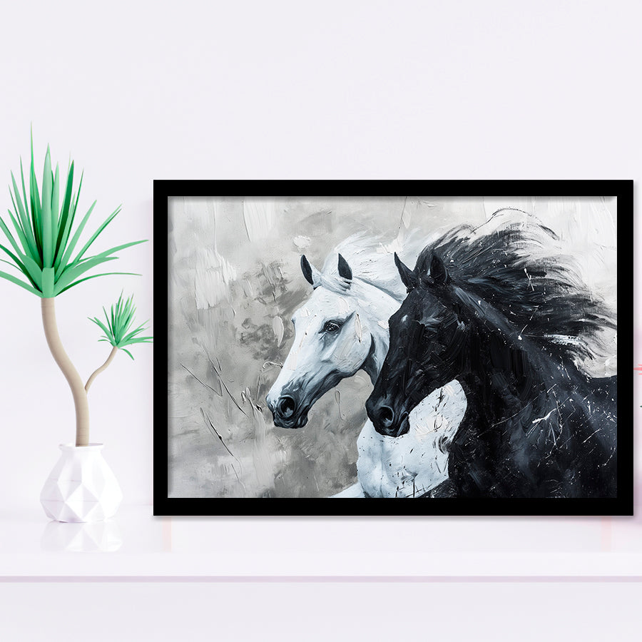 Couple Horse Running Together Black And White, Framed Art Print Wall Decor, Framed Picture