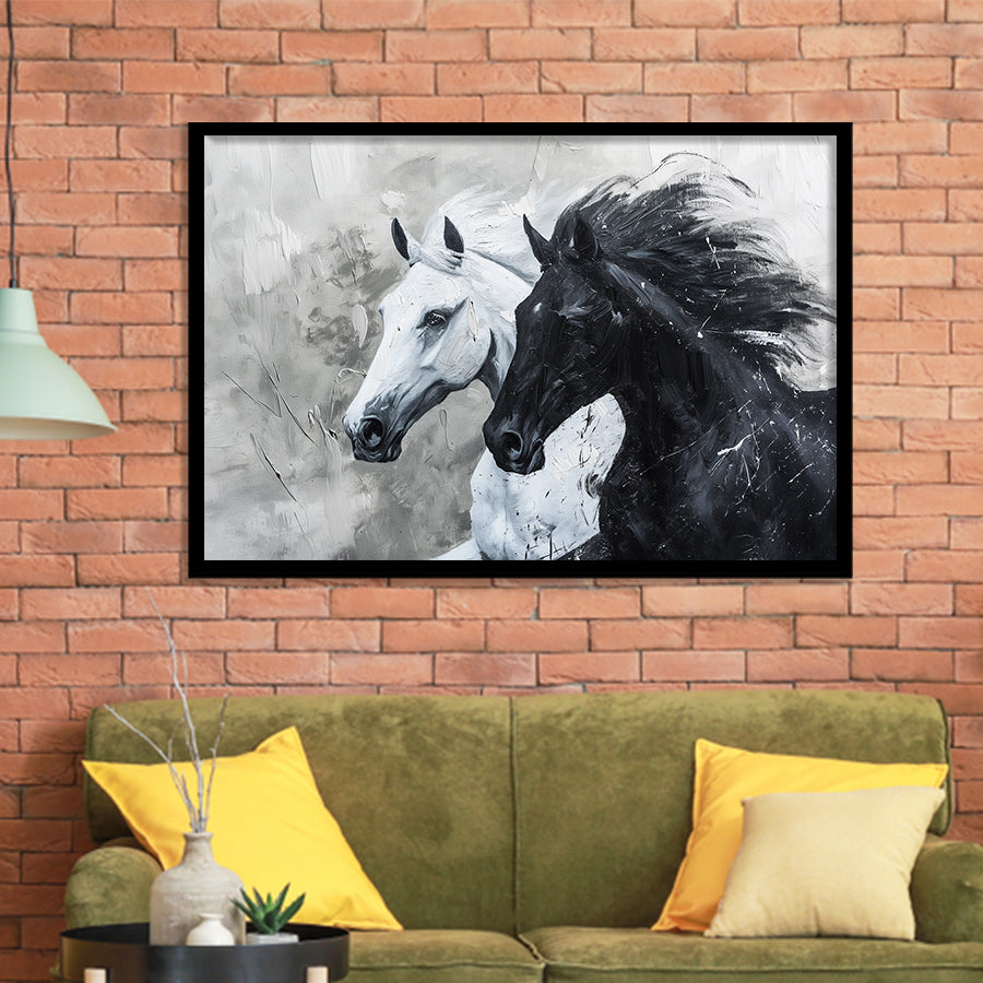 Couple Horse Running Together Black And White, Framed Art Print Wall Decor, Framed Picture