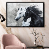 Couple Horse Running Together Black And White, Framed Canvas Painting, Framed Canvas Prints Wall Art Decor