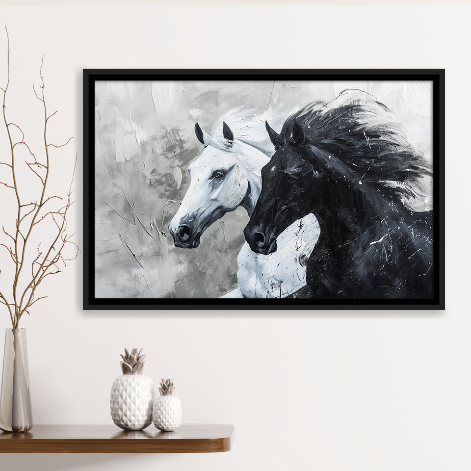 Couple Horse Running Together Black And White, Framed Canvas Painting, Framed Canvas Prints Wall Art Decor
