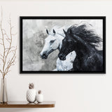 Couple Horse Running Together Black And White, Framed Canvas Painting, Framed Canvas Prints Wall Art Decor