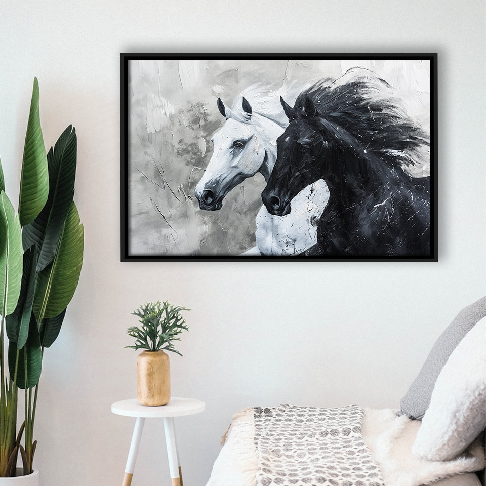 Couple Horse Running Together Black And White, Framed Canvas Painting, Framed Canvas Prints Wall Art Decor