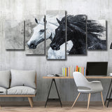 Couple Horse Running Together Black And White, 5 Panels Mixed Large Canvas, Canvas Prints Wall Art Decor